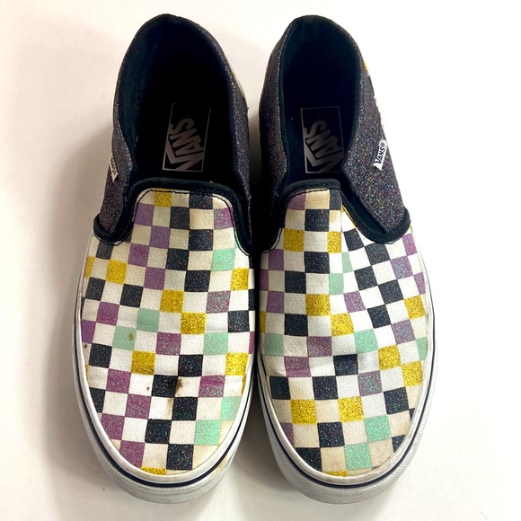 Euc Woman’s Glitter Asher maradi gras colors checkerboard Vans - Picture 2 of 7